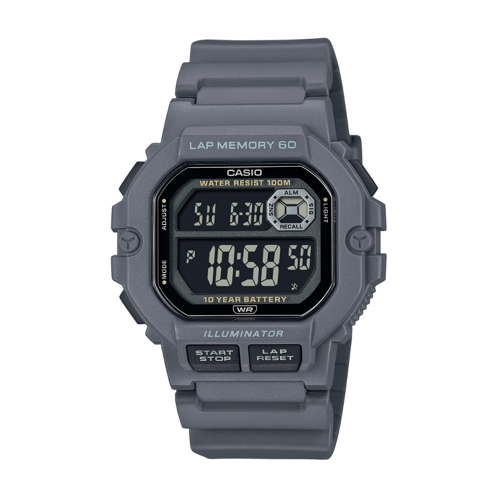 Gray Casio digital watch on a white background