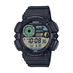Black Casio digital watch with various functions on a white background