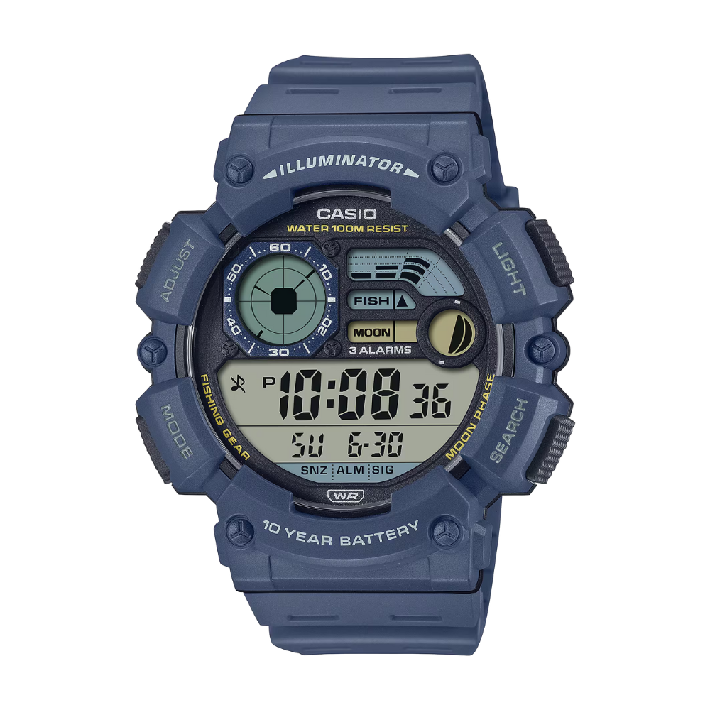 Blue Casio digital watch on a white background
