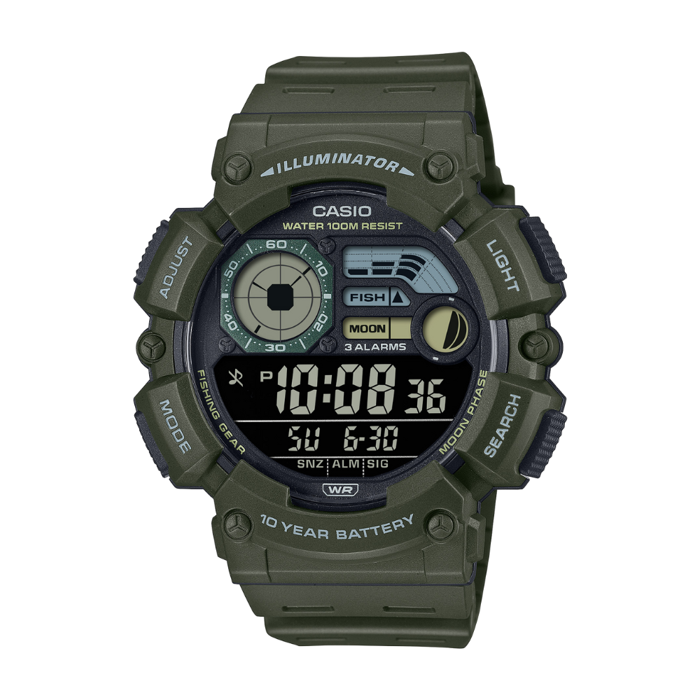 Green Casio digital watch on a white background