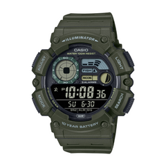 Green Casio digital watch on a white background