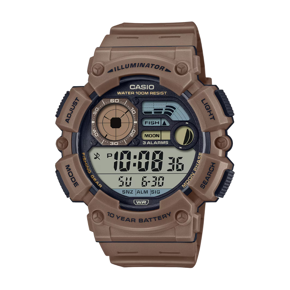 Brown Casio digital watch on a white background