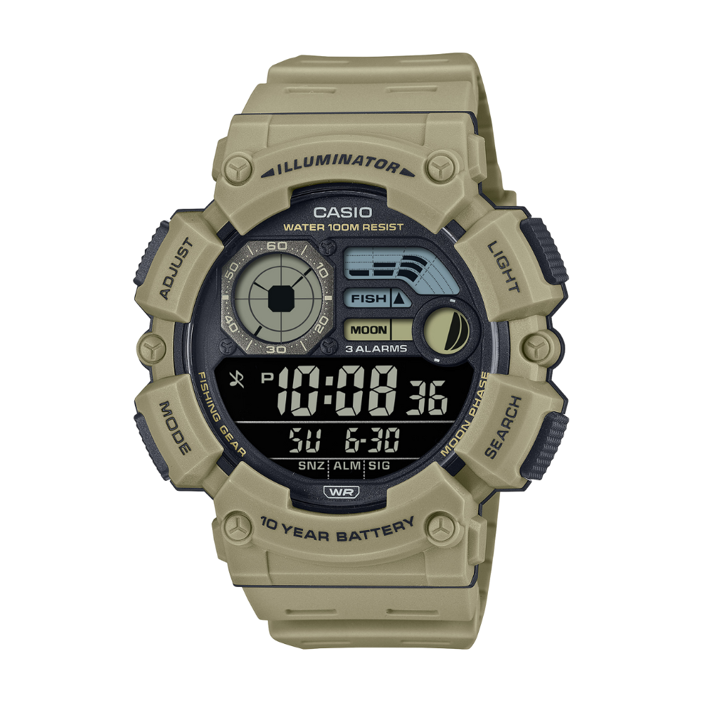 Casio digital watch with beige casing on a white background