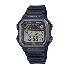 Black Casio digital watch on a white background