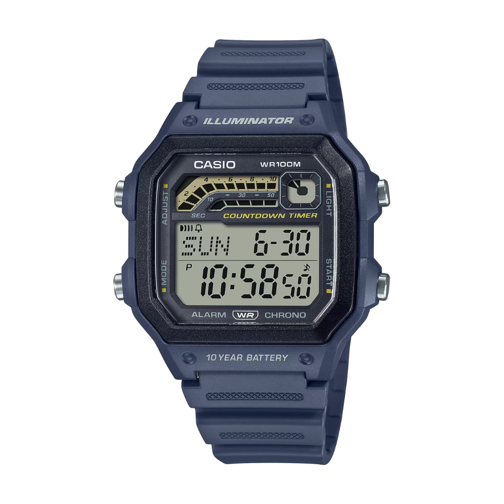 Blue Casio digital watch on a white background