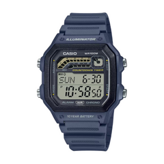 Blue Casio digital watch on a white background