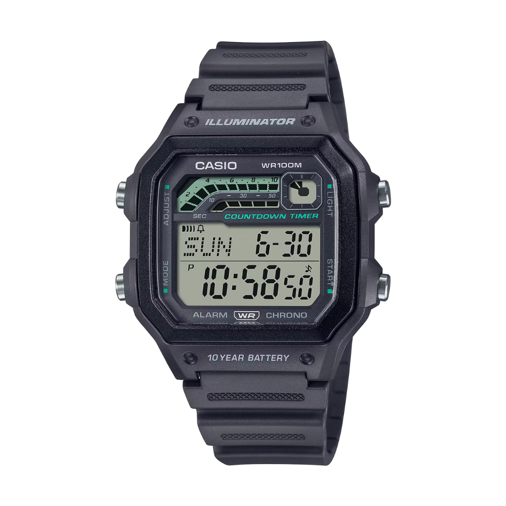Black Casio digital watch on a white background