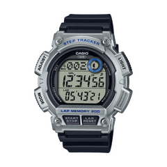 Digital step tracker watch with black strap on a white background