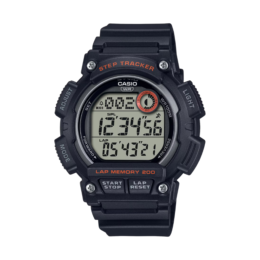 Black Casio digital watch with step tracker on a white background