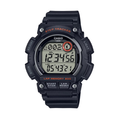 Black Casio digital watch with step tracker on a white background