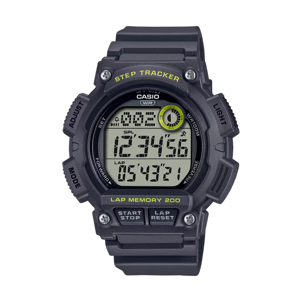 Black Casio digital watch with step tracker on a white background