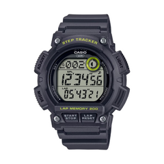Black Casio digital watch with step tracker on a white background