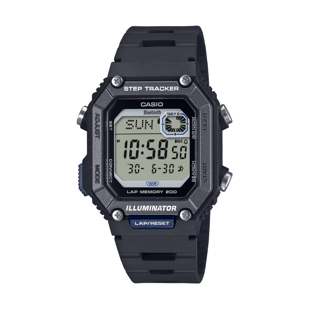 Black Casio digital watch with step tracker on a white background