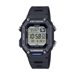 Black Casio digital watch with step tracker on a white background