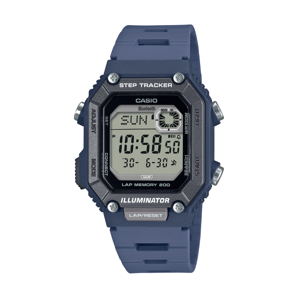 Blue Casio digital watch with step tracker on a white background