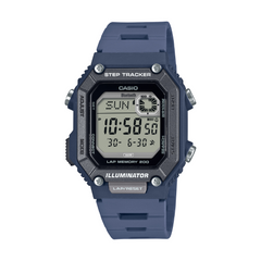 Blue Casio digital watch with step tracker on a white background