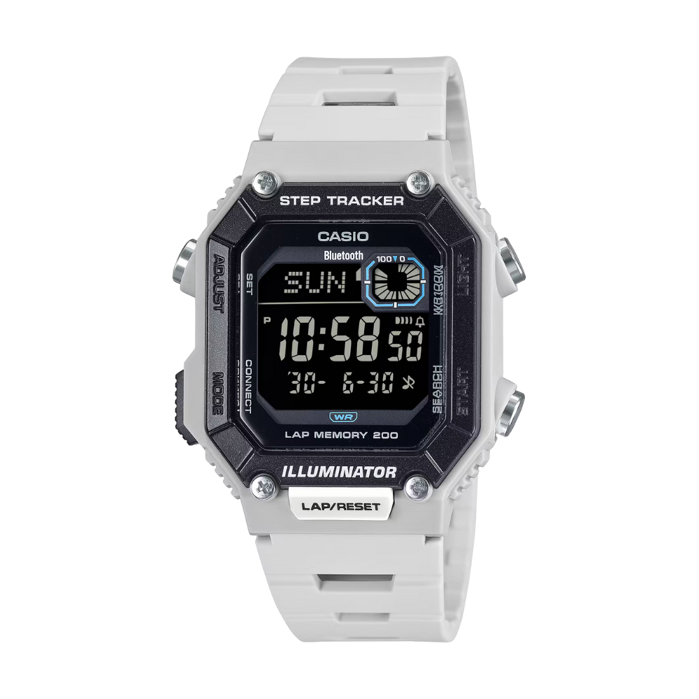 Casio digital watch with step tracker on a white background