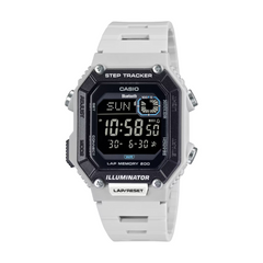 Casio digital watch with step tracker on a white background