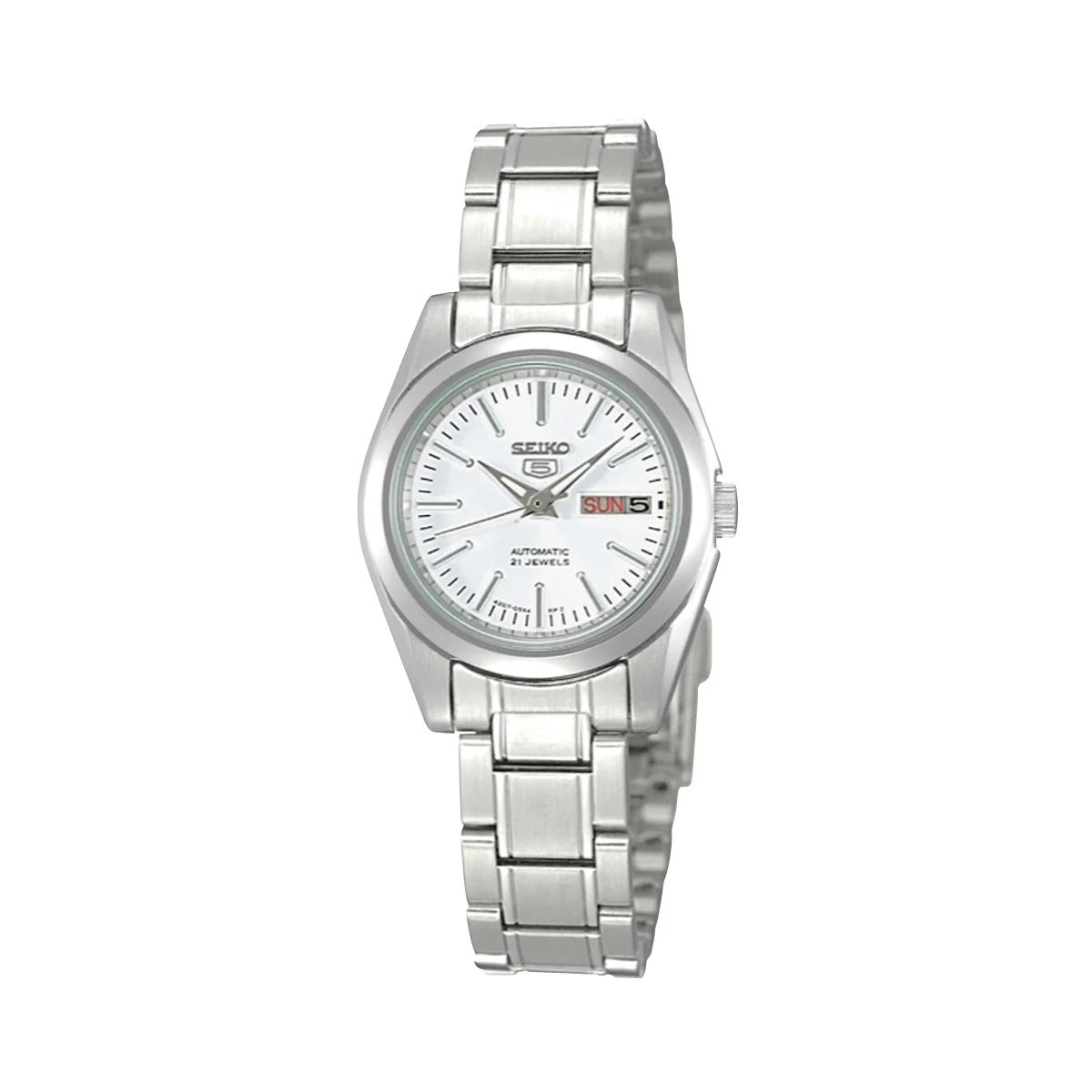 Silver Seiko watch on a white background